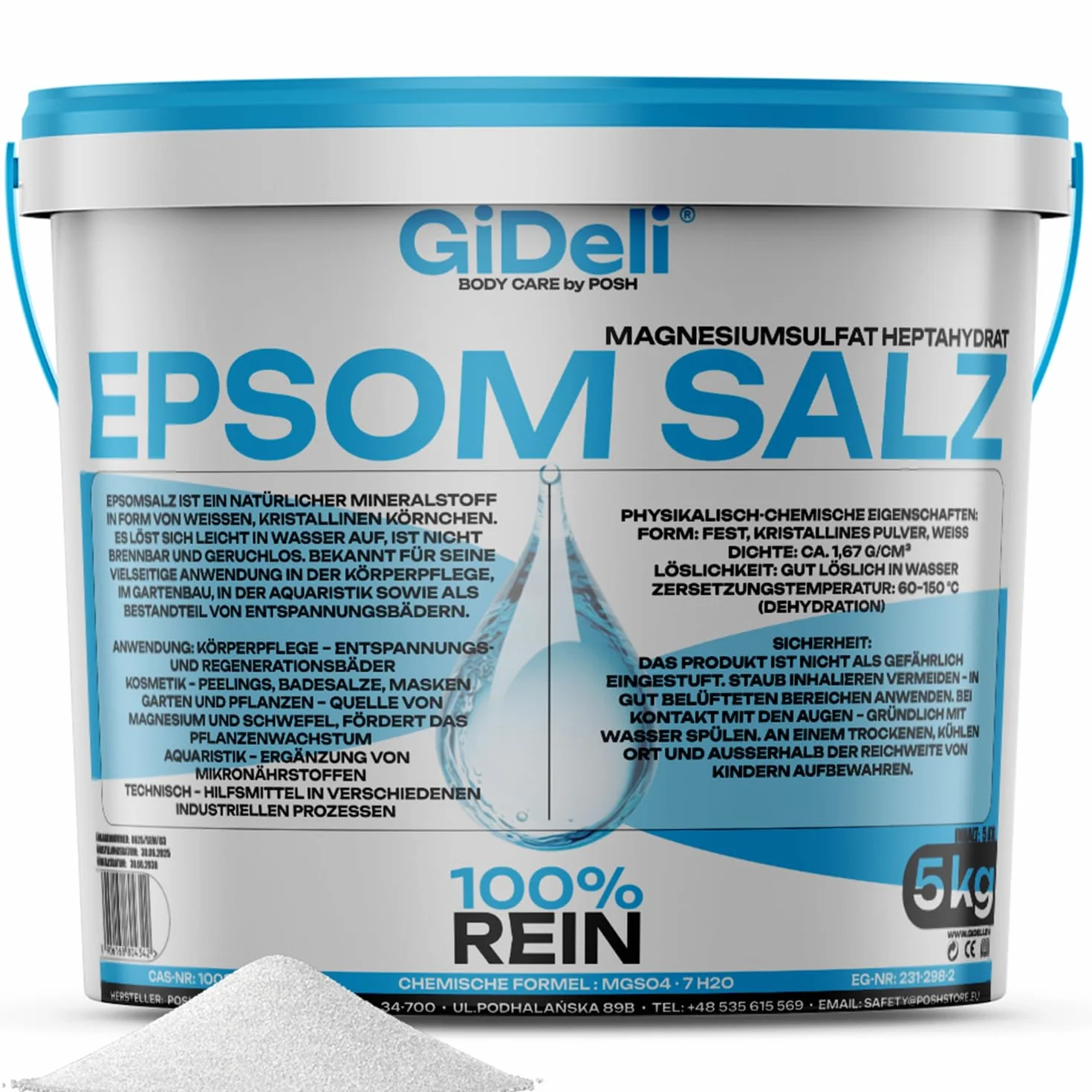 GiDeli Epsom Sel de bain 5 kg sulfate de magnésium qualité pharmaceutique seau pur naturel